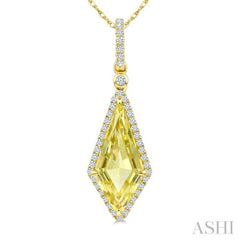16X7 MM Evoque Gemstones Kite Shape Lemon Quartz and 1/5 Ctw Round Cut Diamond Semi-Precious Pendant With Chain in 10K Yellow Gold