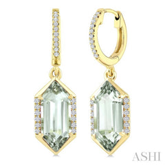 12X5 MM Evoque Gemstones Hexagon Shape Green Amethyst and 1/5 Ctw Round Cut Diamond Semi-Precious Earrings in 10K Yellow Gold