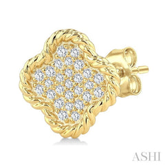 1/5 Ctw Round Cut Diamond Rope Border Clover Motif Fashion Stud Earrings in 10K Yellow Gold