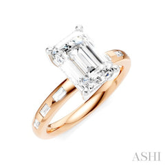 1/4 Ctw Emerald Shape Baguette and Round Cut Diamond Semi-Mount Engagement Ring in 14K Rose and White Gold