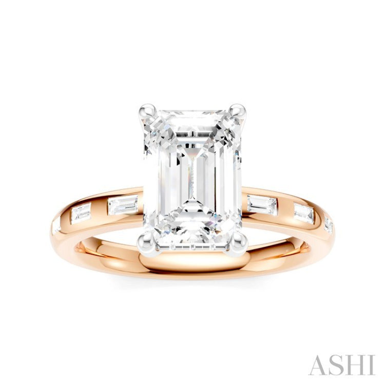1/4 Ctw Emerald Shape Baguette and Round Cut Diamond Semi-Mount Engagement Ring in 14K Rose and White Gold