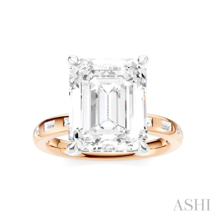1/3 Ctw Emerald Shape Baguette and Round Cut Diamond Semi-Mount Engagement Ring in 14K Rose and White Gold
