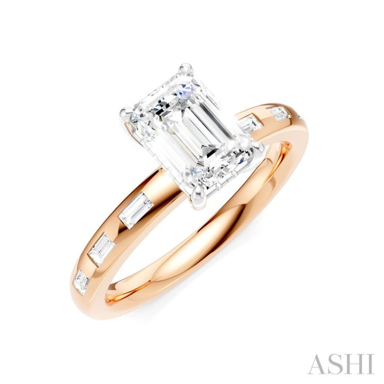 1/4 Ctw Emerald Shape Baguette and Round Cut Diamond Semi-Mount Engagement Ring in 14K Rose and White Gold