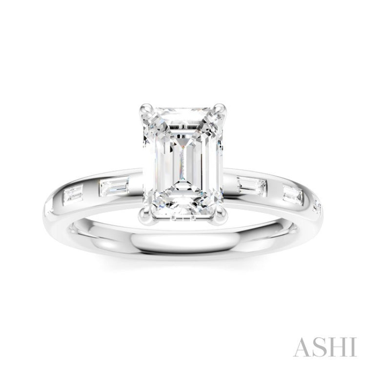 1/4 Ctw Emerald Shape Baguette and Round Cut Diamond Semi-Mount Engagement Ring in 14K White Gold