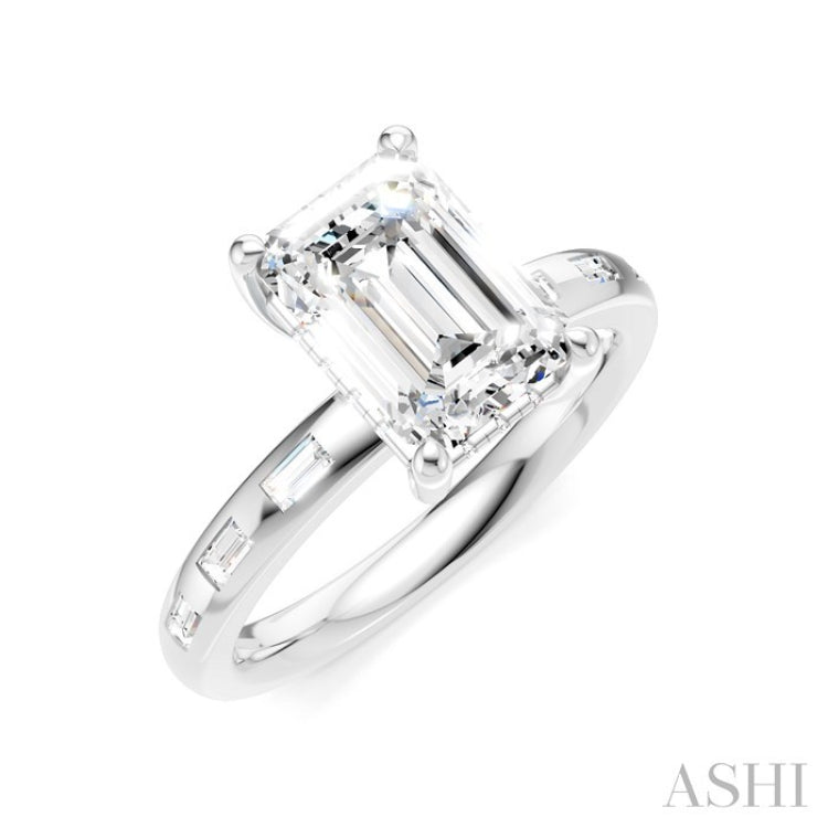 1/4 Ctw Emerald Shape Baguette and Round Cut Diamond Semi-Mount Engagement Ring in 14K White Gold