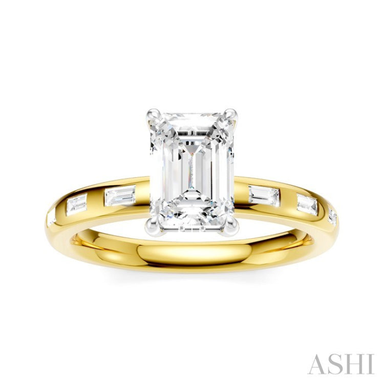 1/4 Ctw Emerald Shape Baguette and Round Cut Diamond Semi-Mount Engagement Ring in 14K Yellow and White Gold