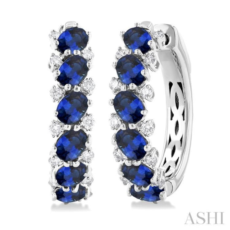4X3 MM Oval Cut Sapphire and 1/4 Ctw Round Cut Diamond Precious Hoop Earrings in 14K White Gold