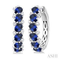 4X3 MM Oval Cut Sapphire and 1/4 Ctw Round Cut Diamond Precious Hoop Earrings in 14K White Gold