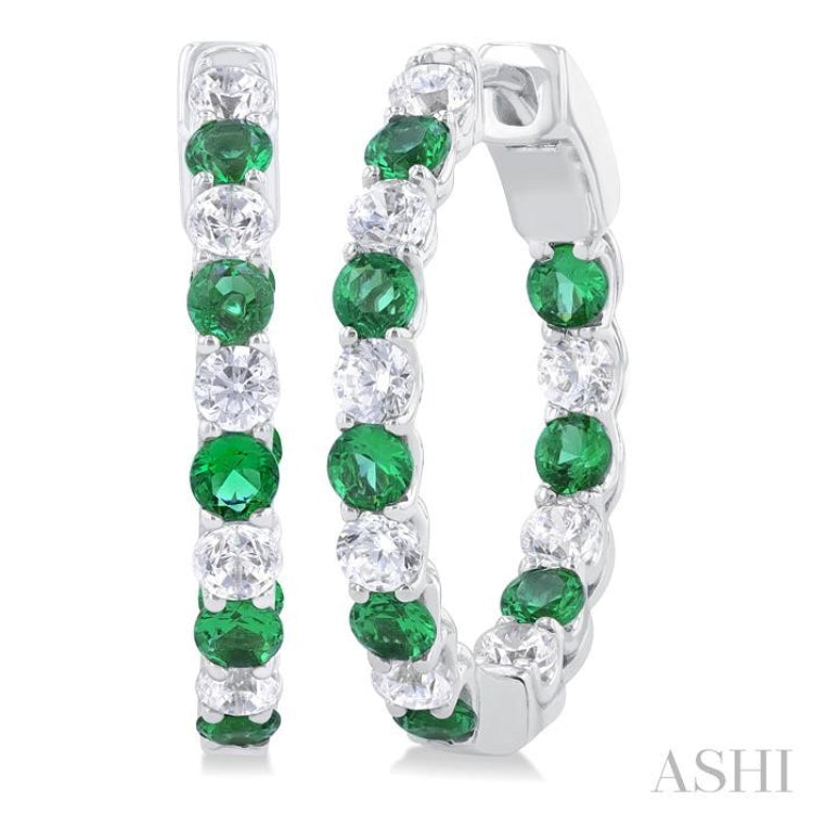 2.4 MM Round Shape Emerald and 5/8 Ctw Interior & Exterior Round Cut Diamond Precious Hoop Earrings in 14K White Gold