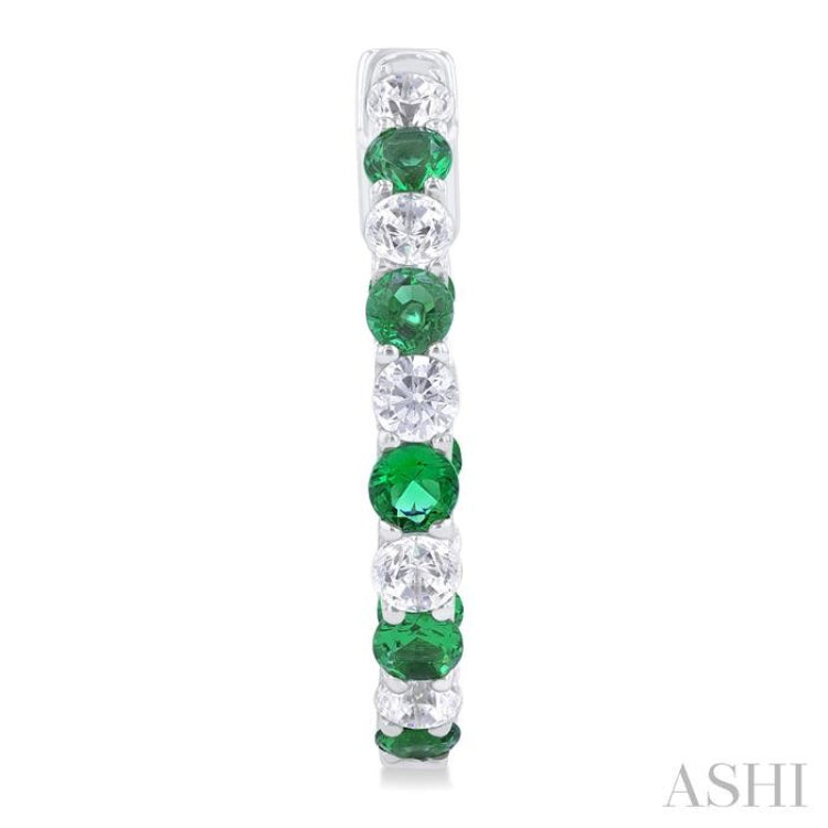 2.4 MM Round Shape Emerald and 5/8 Ctw Interior & Exterior Round Cut Diamond Precious Hoop Earrings in 14K White Gold