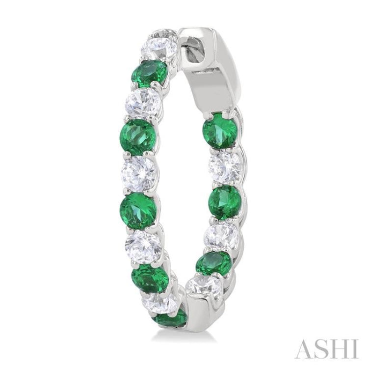 2.4 MM Round Shape Emerald and 5/8 Ctw Interior & Exterior Round Cut Diamond Precious Hoop Earrings in 14K White Gold