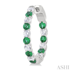 2.4 MM Round Shape Emerald and 5/8 Ctw Interior & Exterior Round Cut Diamond Precious Hoop Earrings in 14K White Gold