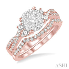 7/8 Ctw Lovebright Round Diamond Wedding Set With 3/4 Ctw Criss Cross Shank Engagement Ring and 1/6 Ctw Arched Wedding Band in 14K Rose & White Gold