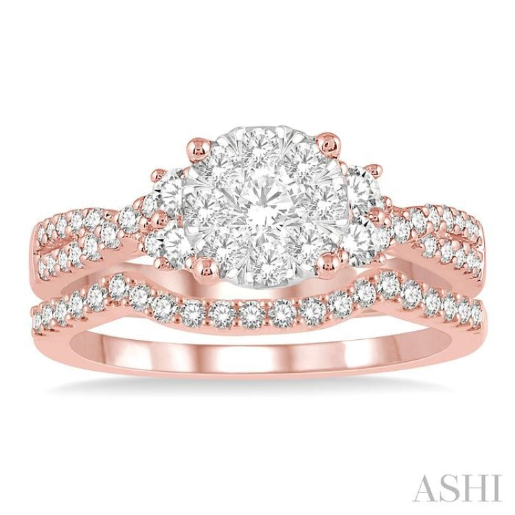 7/8 Ctw Lovebright Round Diamond Wedding Set With 3/4 Ctw Criss Cross Shank Engagement Ring and 1/6 Ctw Arched Wedding Band in 14K Rose & White Gold