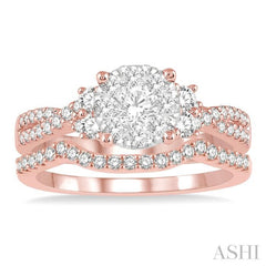 7/8 Ctw Lovebright Round Diamond Wedding Set With 3/4 Ctw Criss Cross Shank Engagement Ring and 1/6 Ctw Arched Wedding Band in 14K Rose & White Gold
