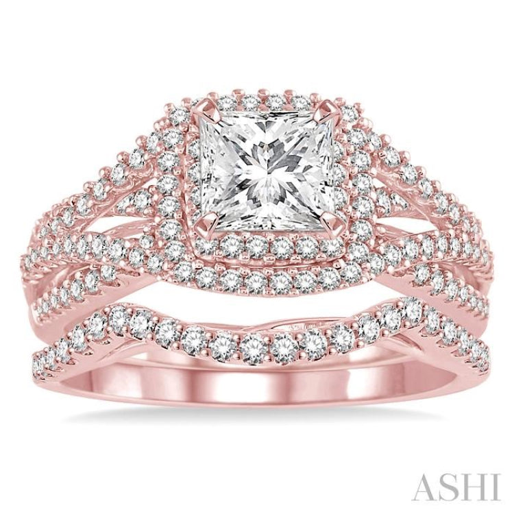 1 1/6 Ctw Diamond Wedding Set with 1 Ctw Princess Cut Engagement Ring and 1/5 Ctw Wedding Band in 14K Rose Gold