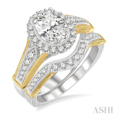 1 1/3 Ctw Diamond Wedding Set With 1 1/6 Ctw Engagement Ring With 3/4 Ctw Oval Cut Center Stone and 1/5 Ctw Wedding Band in 14K White and Yellow Gold