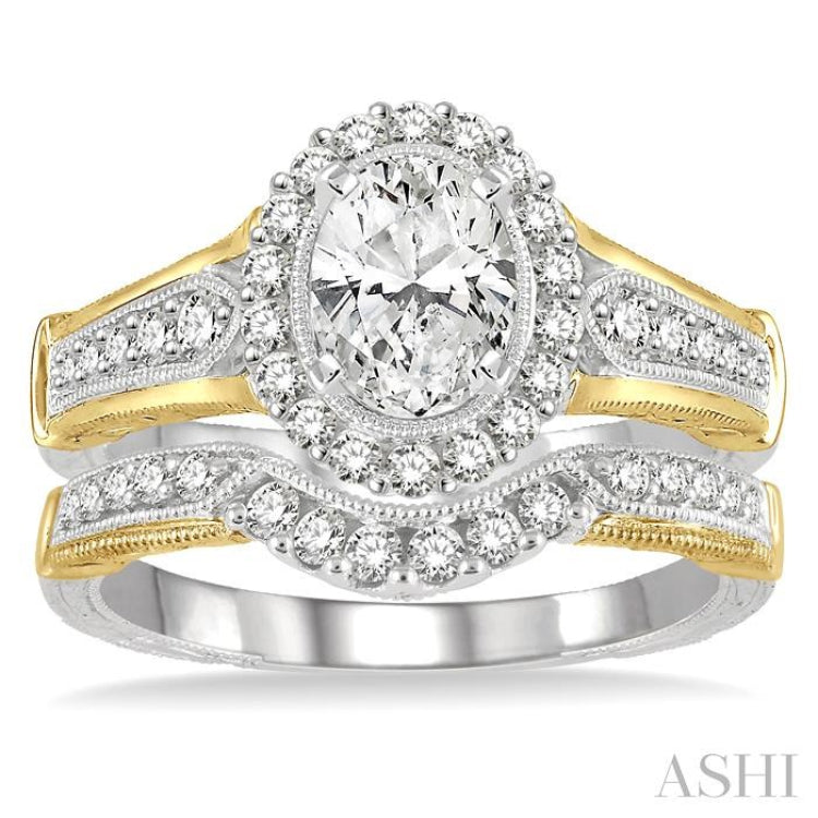 1 1/3 Ctw Diamond Wedding Set With 1 1/6 Ctw Engagement Ring With 3/4 Ctw Oval Cut Center Stone and 1/5 Ctw Wedding Band in 14K White and Yellow Gold