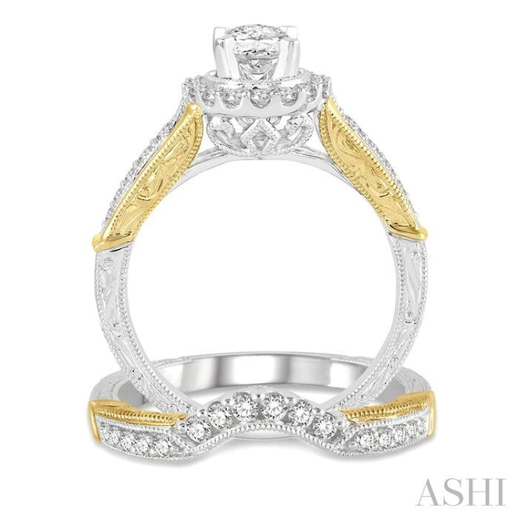 1 1/3 Ctw Diamond Wedding Set With 1 1/6 Ctw Engagement Ring With 3/4 Ctw Oval Cut Center Stone and 1/5 Ctw Wedding Band in 14K White and Yellow Gold