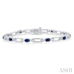 4X3 MM Oval Cut Sapphire and 1/10 Ctw Round Cut Diamond Paperclip Bracelet in 14K White Gold
