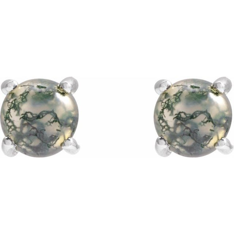 14K White Gold Natural Moss Agate Cabochon Earrings