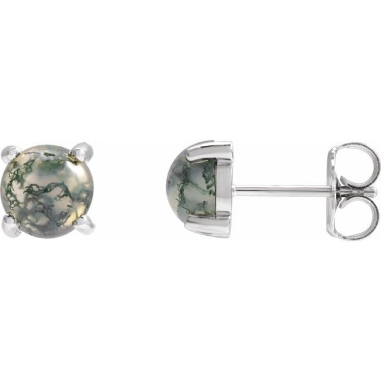 Sterling Silver Natural Moss Agate Cabochon Earrings