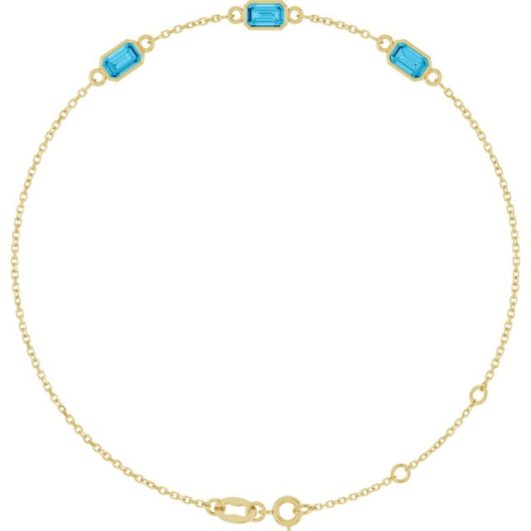 14K Yellow Gold Natural Aquamarine Bezel-Set 3-Stone 7 1/2" Bracelet
