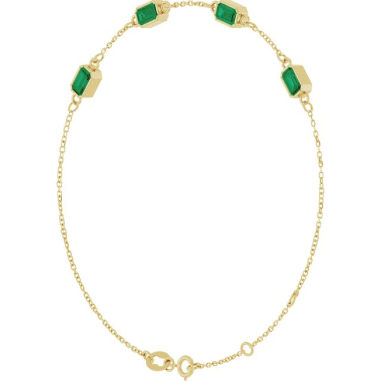 14K Yellow Gold Lab-Grown Emerald Bezel-Set 3-Stone 7 1/2" Bracelet