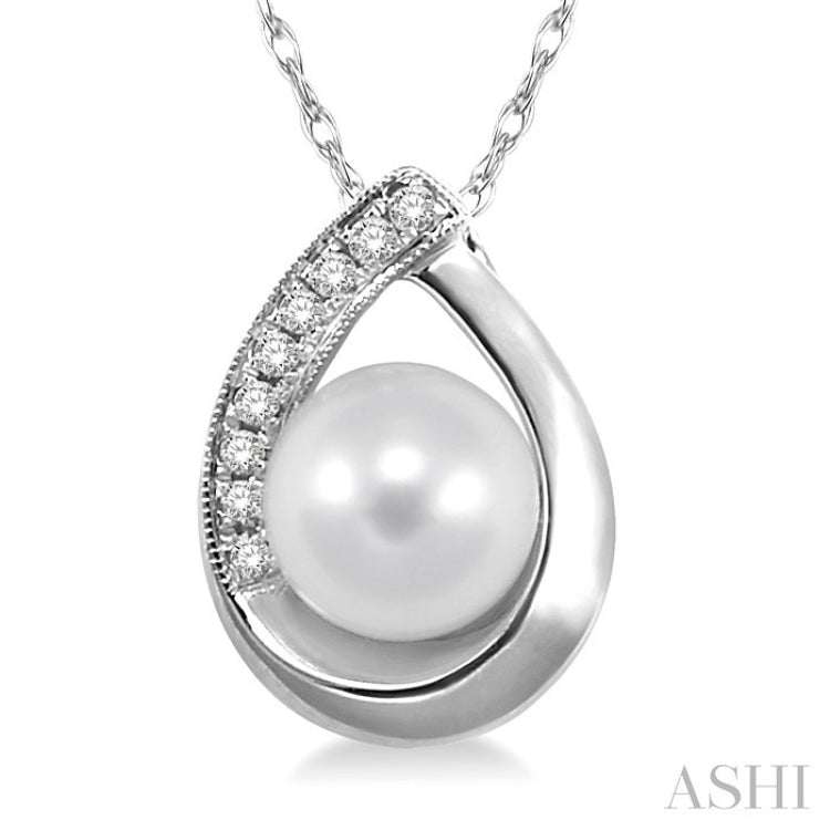 6.5 MM Round Shape Cultured Pearl and 1/20 Ctw Round Cut Diamond Pendant in 14K White Gold with Chain