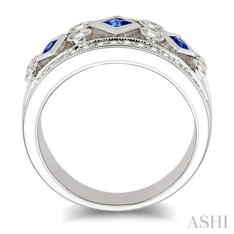 2.2 MM & 2.4 MM Princess Cut Sapphire and 3/8 Ctw Round Cut Diamond Precious Fashion Band in 14K White Gold