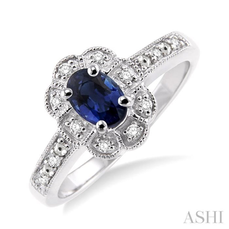 6x4 MM Oval Cut Sapphire and 1/20 Ctw Single Cut Diamond Ring in Sterling Silver