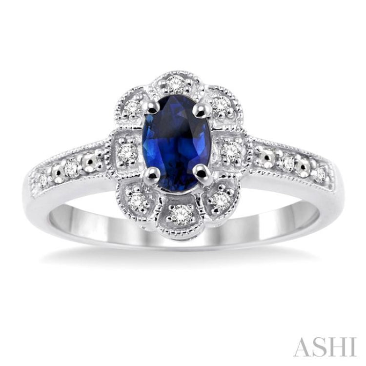 6x4 MM Oval Cut Sapphire and 1/20 Ctw Single Cut Diamond Ring in Sterling Silver