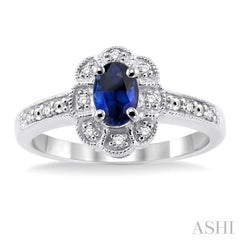 6x4 MM Oval Cut Sapphire and 1/20 Ctw Single Cut Diamond Ring in Sterling Silver