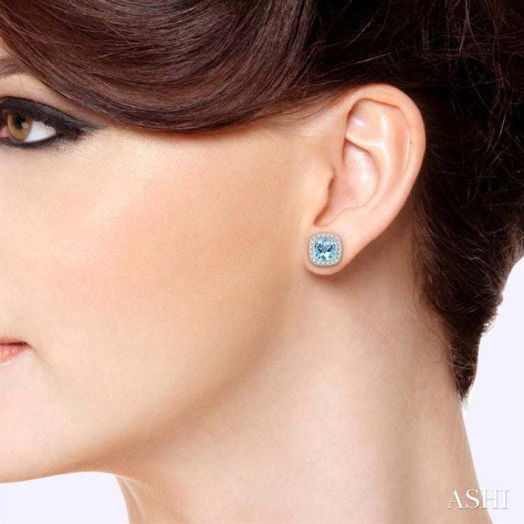 6x6 MM Cushion Shape Aquamarine and 1/4 Ctw Round Cut Diamond Earrings in 14K White Gold