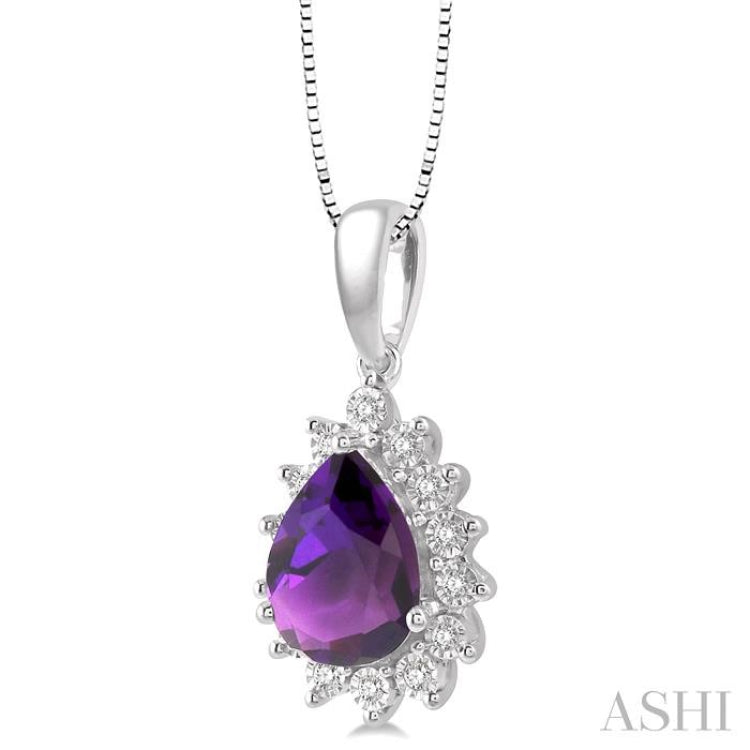9x6 MM Pear Shape Amethyst and 1/10 Ctw Round Cut Diamond Semi-Precious Pendant in 10K White Gold