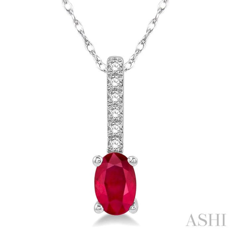 6x4 MM Oval Cut Ruby and 1/20 Ctw Round Cut Diamond Precious Pendant in 10K White Gold with chain