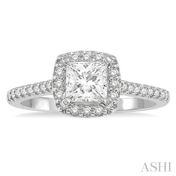 3/4 ctw Diamond Ladies Engagement Ring with 1/2 Ct Princess Cut Center Stone in 14K White Gold