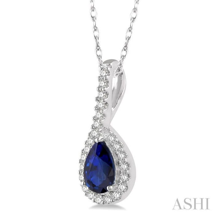 6x4 MM Pear Shape Sapphire and 1/8 Ctw Round Cut Diamond Precious Pendant in 10K White Gold