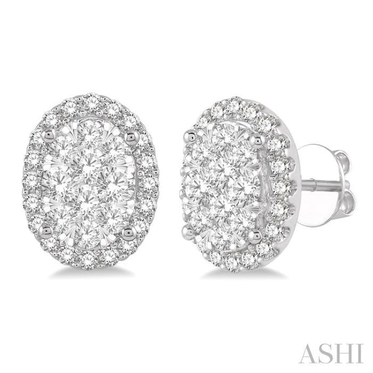1 ctw Oval Shape Lovebright Round Cut Diamond Stud Earrings in 14K White Gold