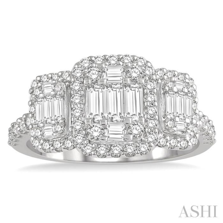 1 1/6 ctw Triple Mount Baguette & Round Cut Fusion Diamond Ring in 14K White Gold