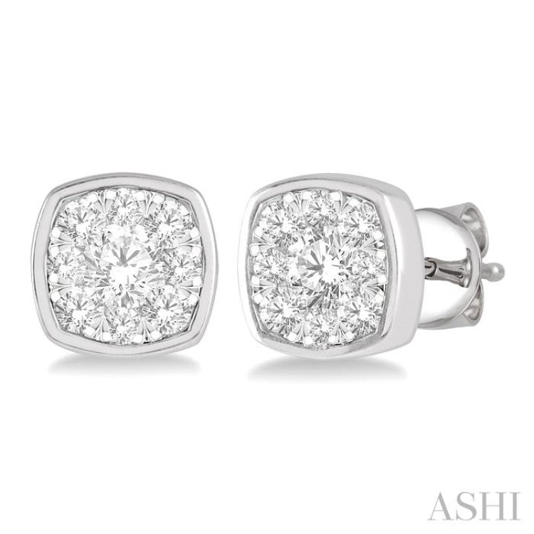 1/2 Ctw Cushion Shape Round Cut Diamond Lovebright Bezel Stud Earring in 14K White Gold