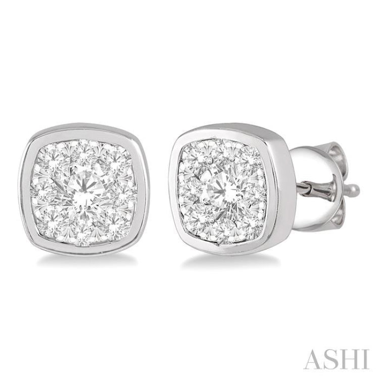 1/3 Ctw Cushion Shape Round Cut Diamond Lovebright Bezel Stud Earrings in 14K White Gold