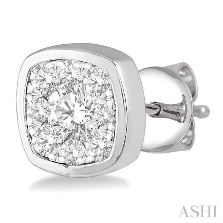 1/3 Ctw Cushion Shape Round Cut Diamond Lovebright Bezel Stud Earrings in 14K White Gold
