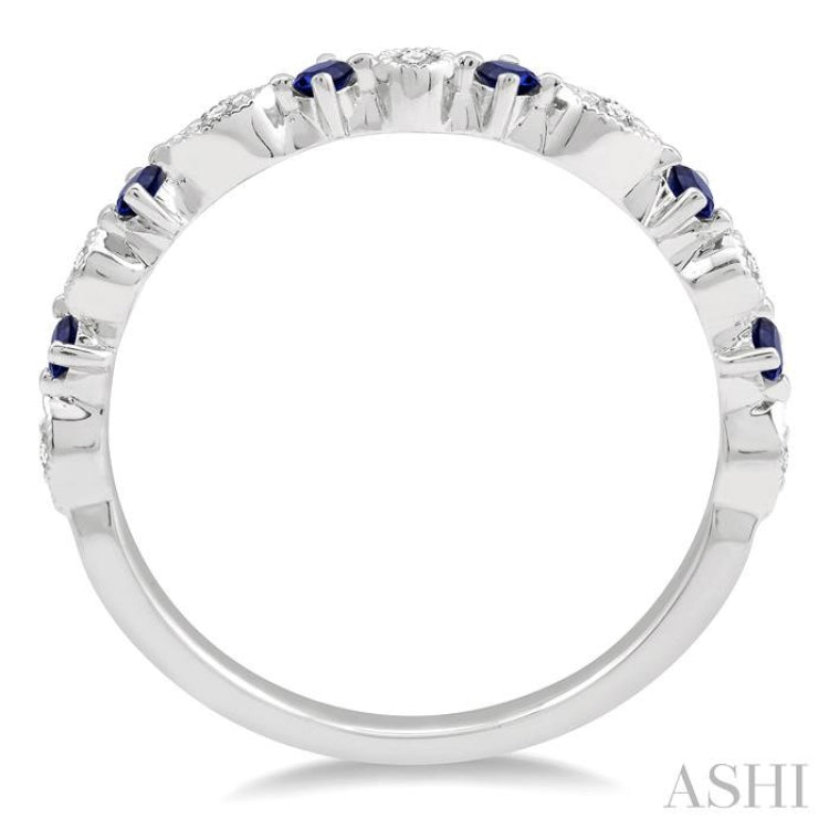 1.8 MM Round Cut Sapphire and 1/20 ctw Round Cut Diamond Precious Half Eternity Wedding Band in 14K White Gold