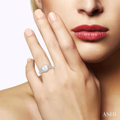 7 MM Round Shape Cultured Pearl and 1/5 Ctw Round Cut Diamond Twisted Open Lattice Ring in 10K White Gold