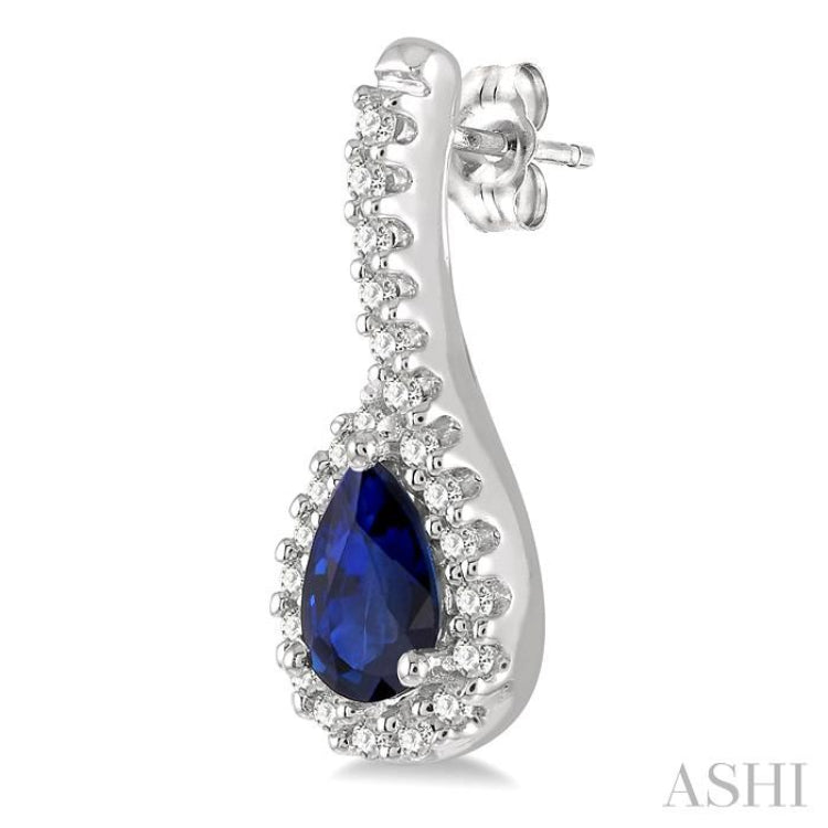5x3 MM Hanging Arm Pear Cut Sapphire and 1/6 Ctw Round Cut Diamond Precious Earring in 10K White Gold