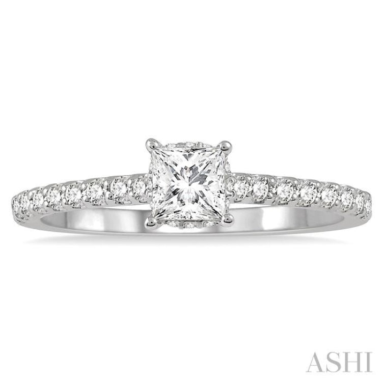 1/2 ctw Round Cut Diamond Engagement Ring With 1/4 ct Princess Cut Center Stone in 14K White Gold