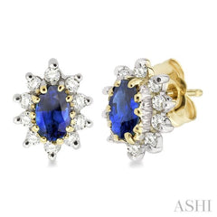 5x3MM Oval Cut Sapphire and 1/4 ctw Round Cut Diamond Earrings in 14K Yellow Gold