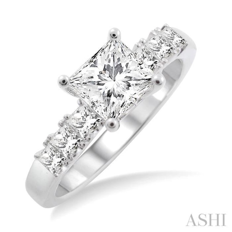 1 ctw Diamond Engagement Ring with 5/8 ct Princess Cut Center Stone in 14K White Gold
