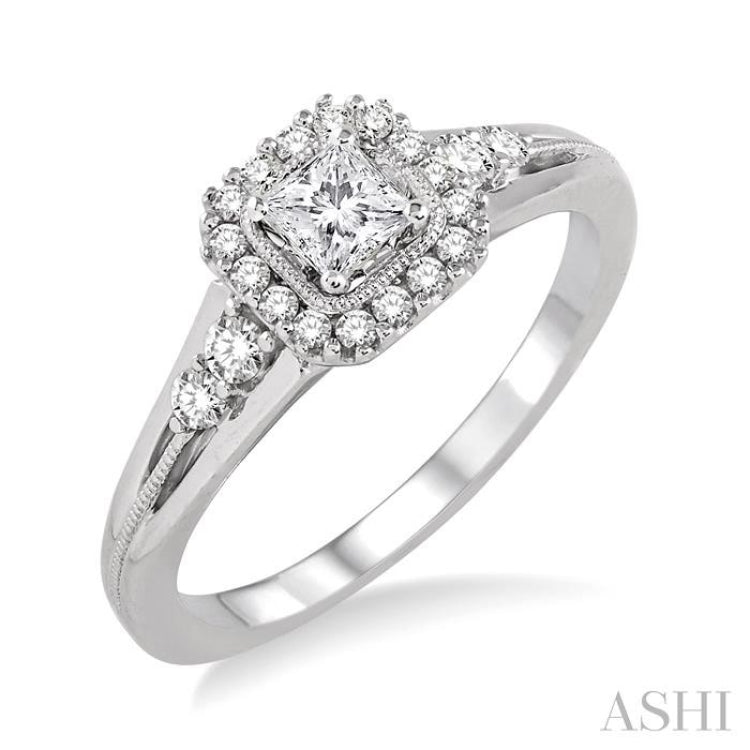 1/2 ctw Diamond Engagement Ring with 1/4 ct Princess Cut Center Stone in 14K White Gold